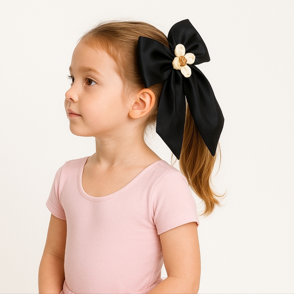Hand Crafted Satin Black Bow Barrette with Crochet Flower